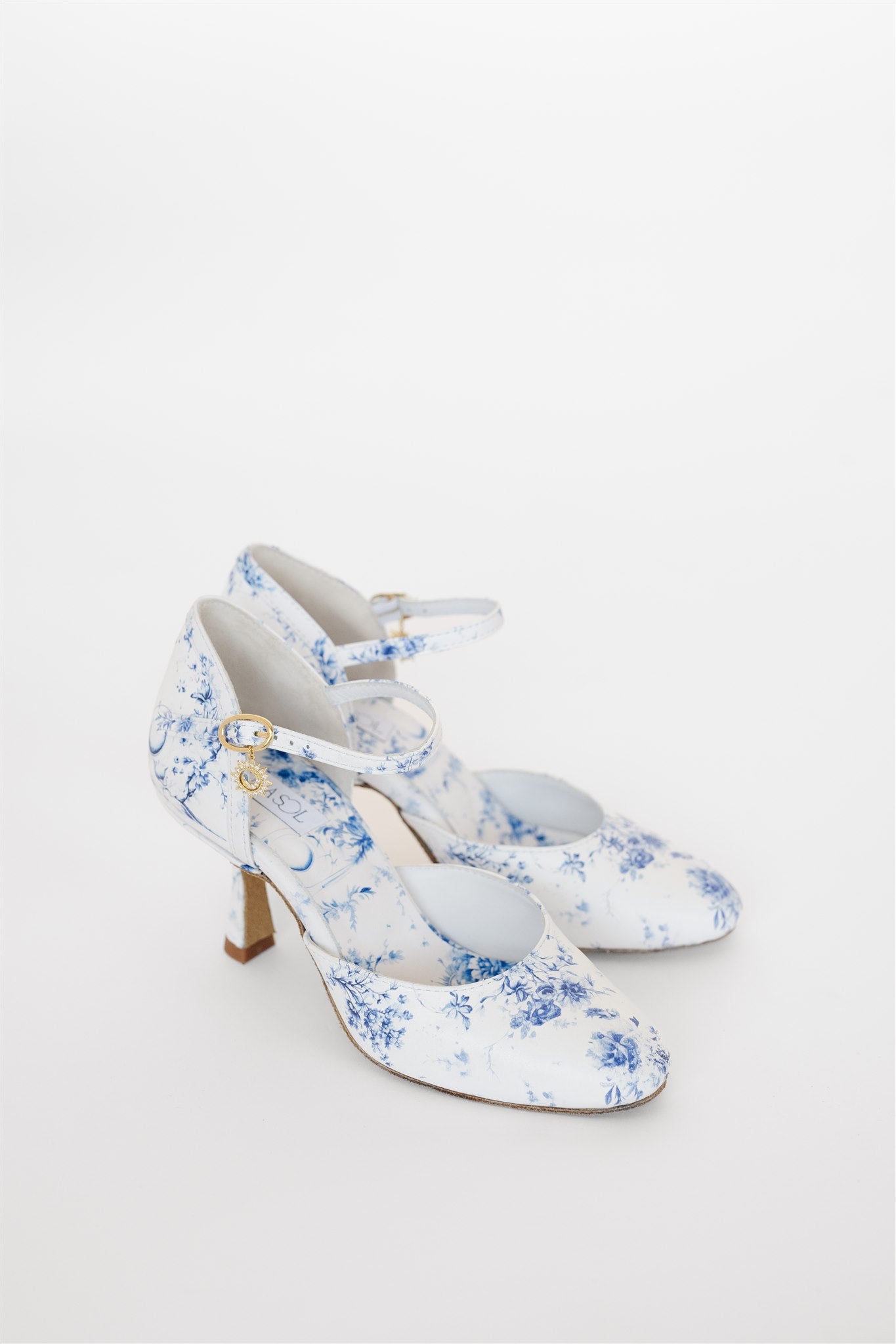 Blue White Floral Ballroom Dance Shoes Handmade Wedding Heels